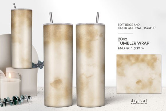 Beige Gold Watercolor Tumbler Wrap PNG