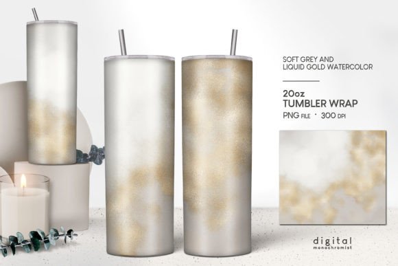 Grey Gold Watercolor Tumbler Wrap PNG