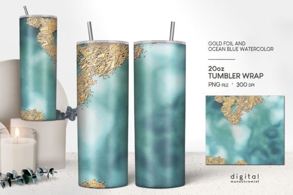 Ocean Blue Watercolor Tumbler Wrap PNG