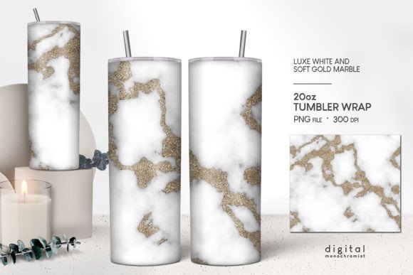 White Soft Gold Marble Tumbler Wrap PNG